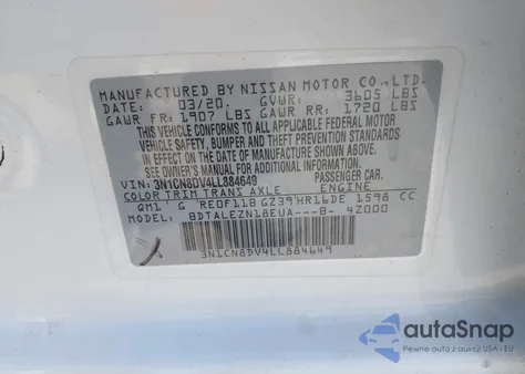 2020 Nissan Versa S Xtronic Cvt from USA, damaged, VIN 3N1CN8DV4LL884649